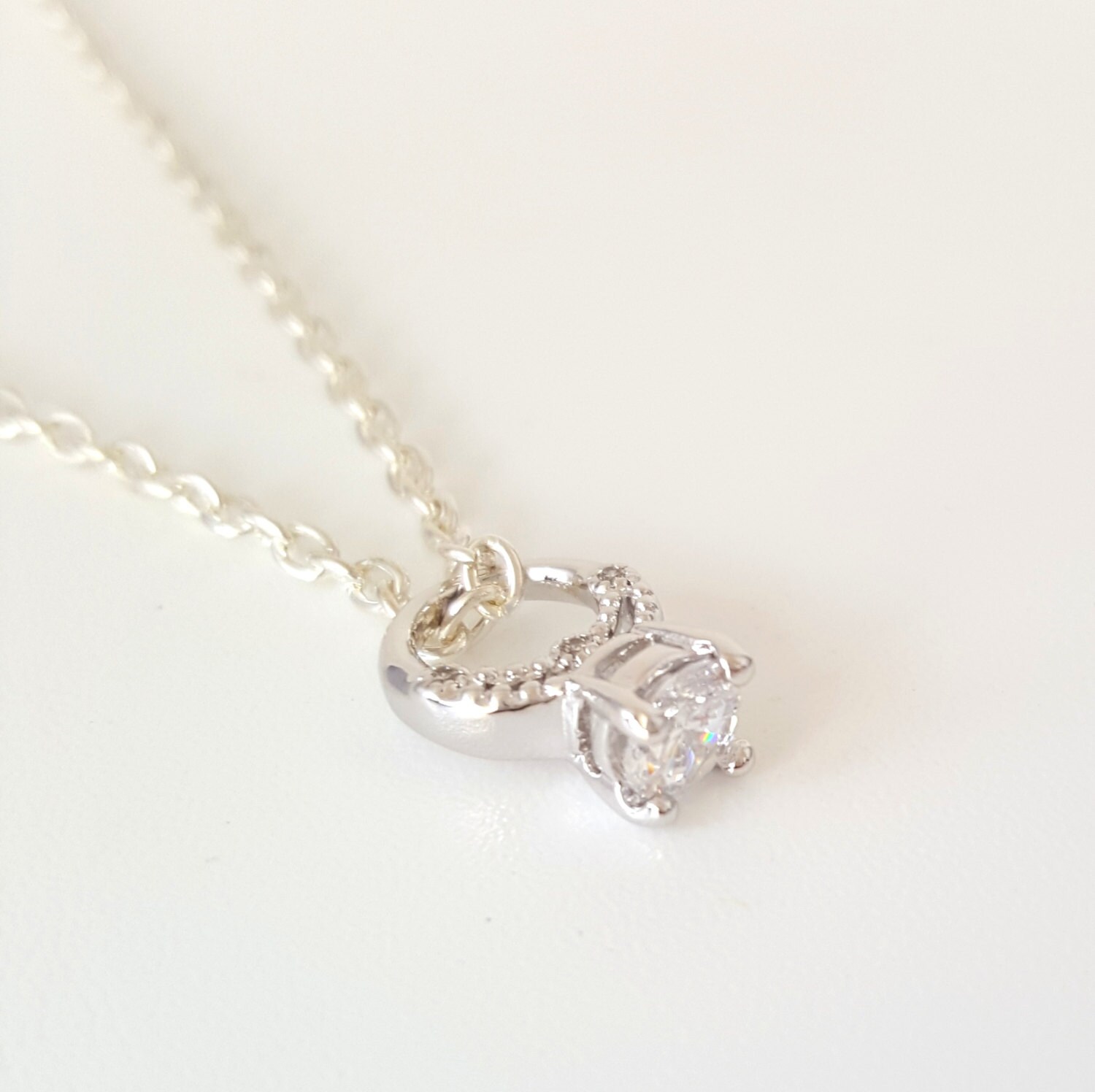 Miniature Diamond Promise Ring Charm Necklace with Sterling