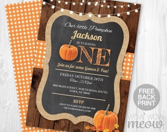 Pumpkin Birthday Invite Turning One 1st Boy's Girl's Twins INSTANT DOWNLOAD Our Little First Invitation Fall Wood Party Printable Editable