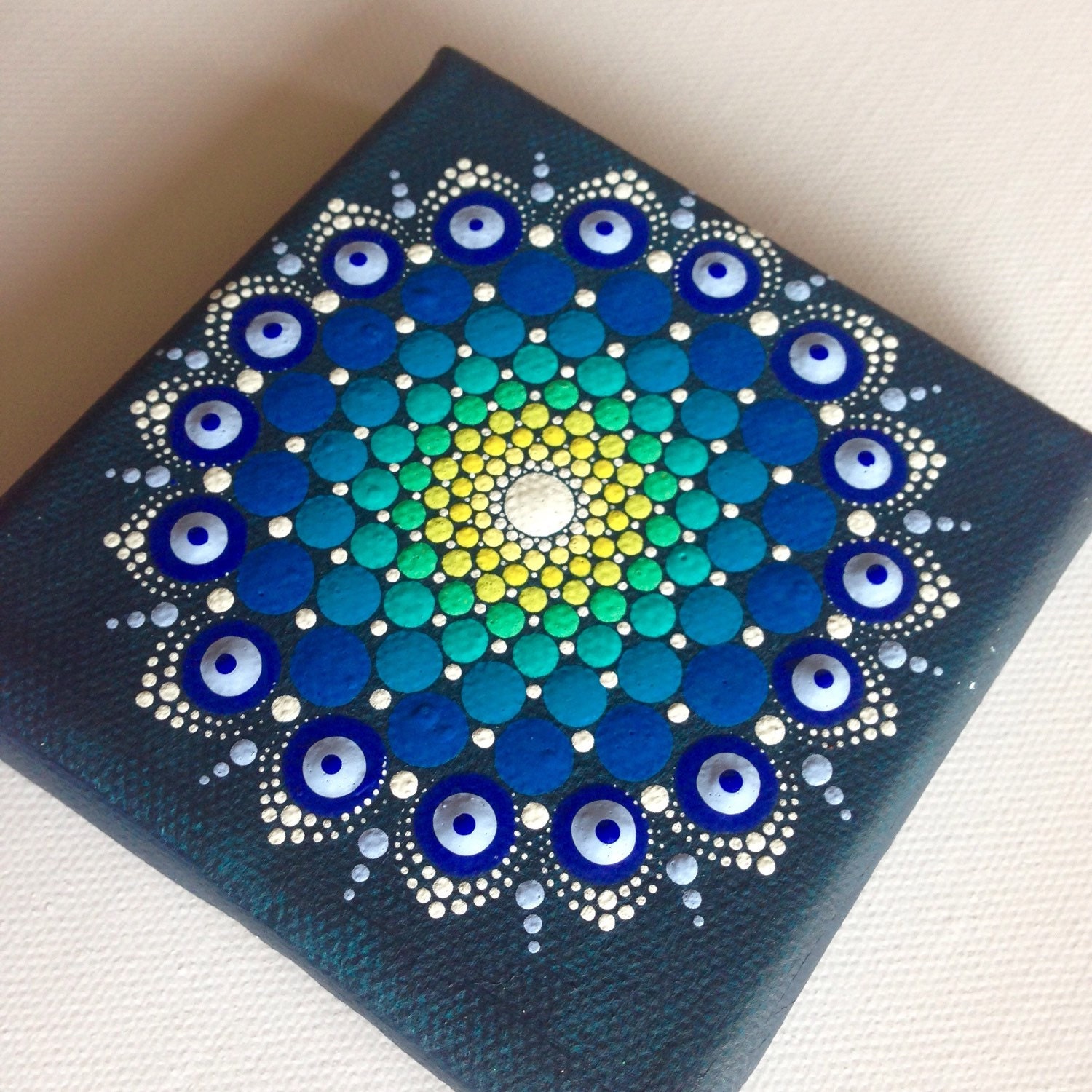 Original Dotart 10x10 Green Blue Mandala Painting on Canvas