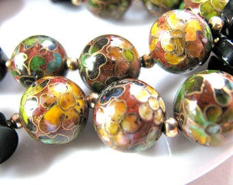 Cloisonne necklace with black Onyx, 14K gold findings, 29 inches long, 36 Cloisonne beads - 353