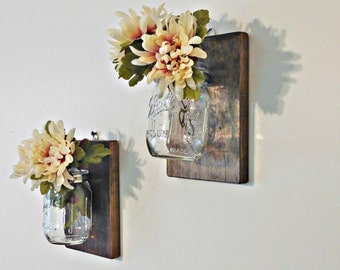 Mason Jar Wall Decor, Wall Sconce, Mason Jar Organizer, Shabby Chic Farmhouse Mason Jar Decor