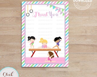 Gymnastic Thank you card, Note card, girl gymnast tumbling, Birthday party decorations, Party supplies, Instant Download