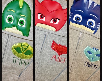 PJ Masks Inspired Hoodie Zip Jacket -Kids thru Adult Sizes - Gekko, Owlet, Cat Boy, Luna Girl, Romeo, Night Ninja