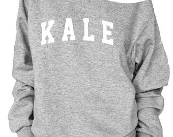 Kale print oversized off shoulder raw edge sweatshirt