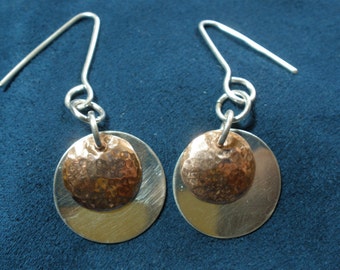 Sterling Silver and Hammered Copper Disk Earrings