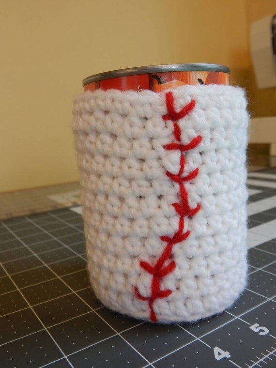 Baseball Can Cozy; Red and White Can Cozy; Crocheted Cozy; Can "Coozie"; Baseball; Soda Can Cozy