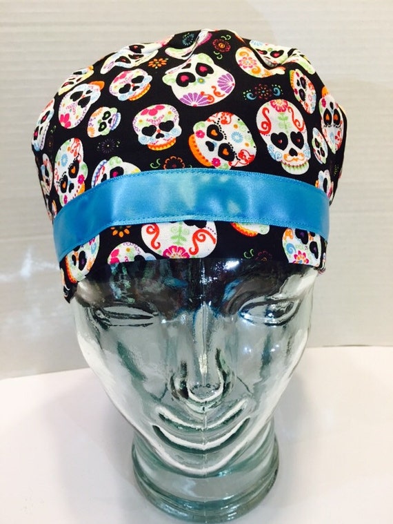 Scrub Hat European with Teal Satin Trim Sugar Skull