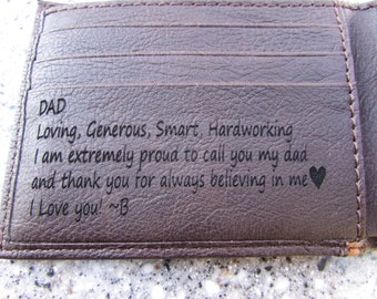 Laser Engraved Wallet, Brown Leather Wallet, Gift to Dad, Anniversary Gift, Father of the Bride Gift, Custom Handwriting, Personalized