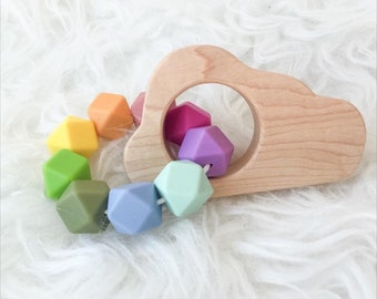 Cloud Teether Wooden Teether Wood Teether Silicone Teether Sensory Toy Rainbow Toy Teething Toy Waldorf Montessori