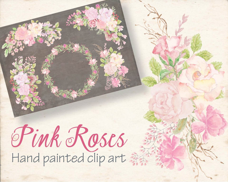 Pink Rose Clip Art Hand Painted Watercolor Sprays Bonus