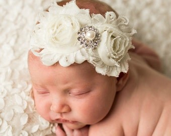 Baby Headband, Ivory baby headband,Newborn Headband,Christening Headband, Baptism Headband, Baby Headbands,Shabby Headband,Flower headband