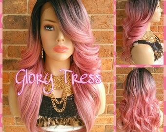 ON SALE // Long Glamorous Curly Lace Front Wig, Ombre Pink Wig, Bombshell Wig, Dark Rooted // RENEW ( Free Shipping )