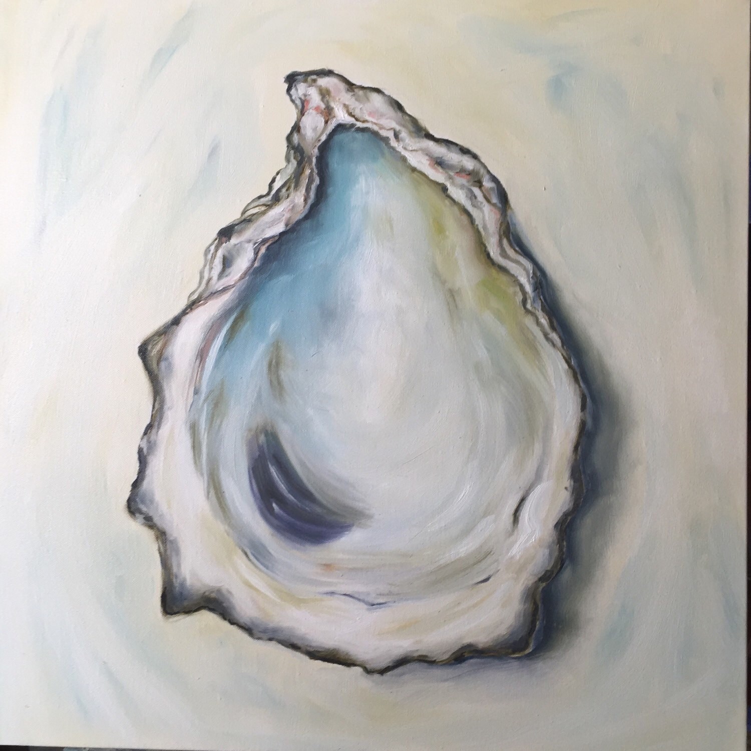 Large original oyster painting. Abstract oil blue gray