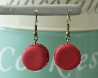 Earrings red raspberry french macaron with chocolate in polymer clay (fimo)