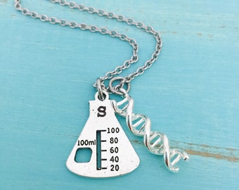 Dna Double Helix-Beaker Science charm-Science Jewelry-Chemistry Jewelry-Biologist gift-Hand Stamped Jewelry-Geeky Jewelry-Rna jewelry-Dna
