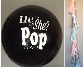 Black Gender Reveal Balloon with Light Blue, Light Pink and Silver Tassels