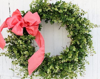Boxwood Wreath, Spring Wreath, Faux Boxwood Wreath, Farmhouse Wreath, Coral Wreath, Wedding Wreath, Greenery Wreath, Green Wreath, Wreaths