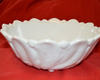 Indiana Lily Pond Wild Rose Milk Glass Sculpted Footed Bowl Scalloped Rim Wedding Decor