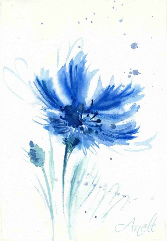 Blue watercolor Flower print Cornflower watercolor Blue print