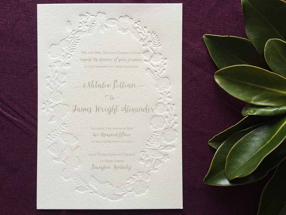 Embossed Floral Frame wedding invitation with gray ink