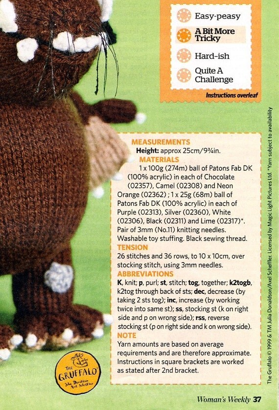 GRUFFALO TOY Knitting Pattern from Womans Weekly Magazine