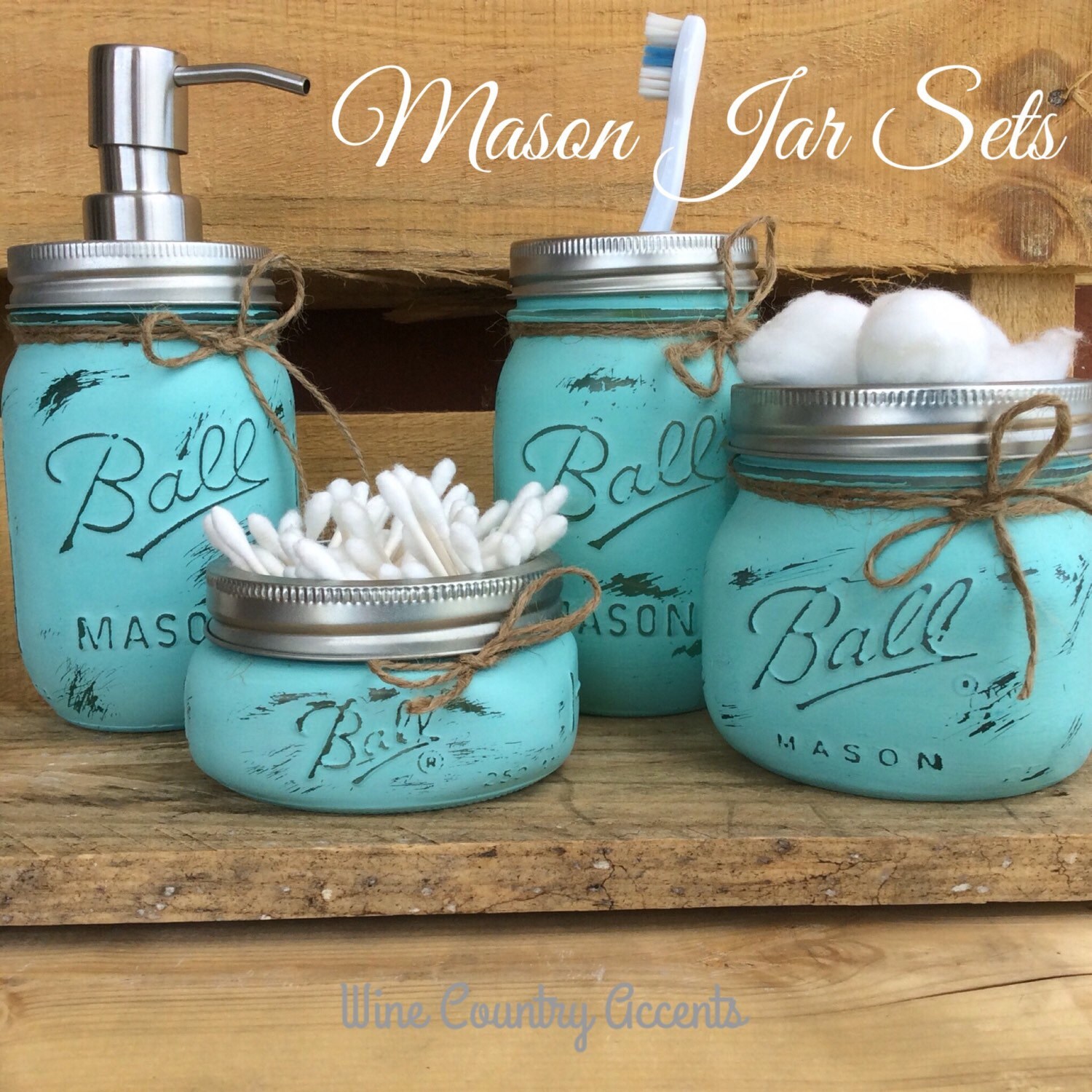 Set of 4/5 Painted Mason Jars. Bathroom by WineCountryAccents