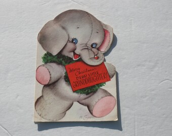 Vintage Marjorie Cooper Christmas Card for Granddaughter, Die Cut Elephant 1950s 50s USED Cute Christmas Card