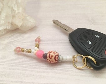 Pink Gold Keychain - Wood Bead Keychain - Hot Pink Keychain - gold bead keychain -gold keychain - pink keychain - white marble keychain