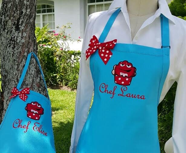 Mother and daughter personalized aprons Turquoise and Red