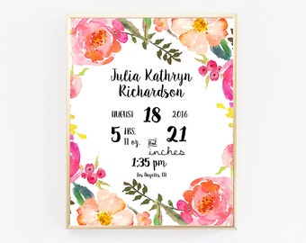 Birth Information Print, Birth Announcement Girl, Birth Stats , Baby Stats, Birthday Stats, Newborn Stats, Nursery Decor Girl, Wall Art