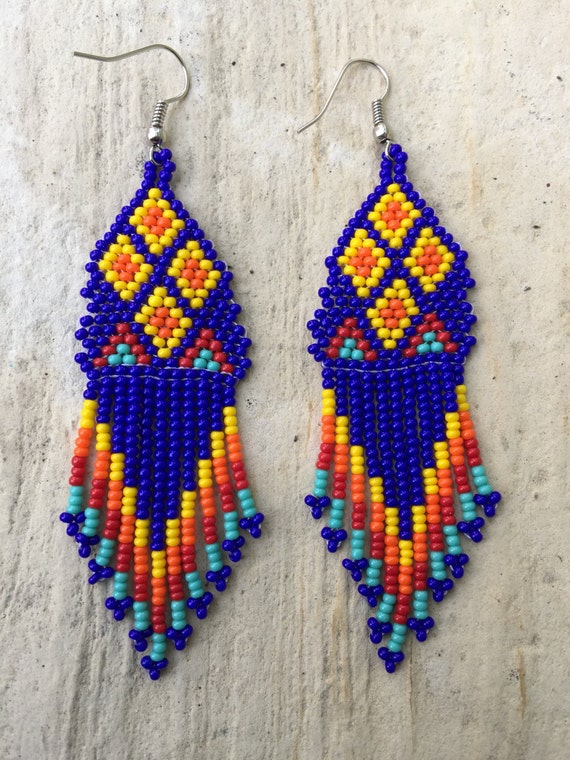 Huichol beaded earrings 3 long. by ArtesaniasBatyah on Etsy