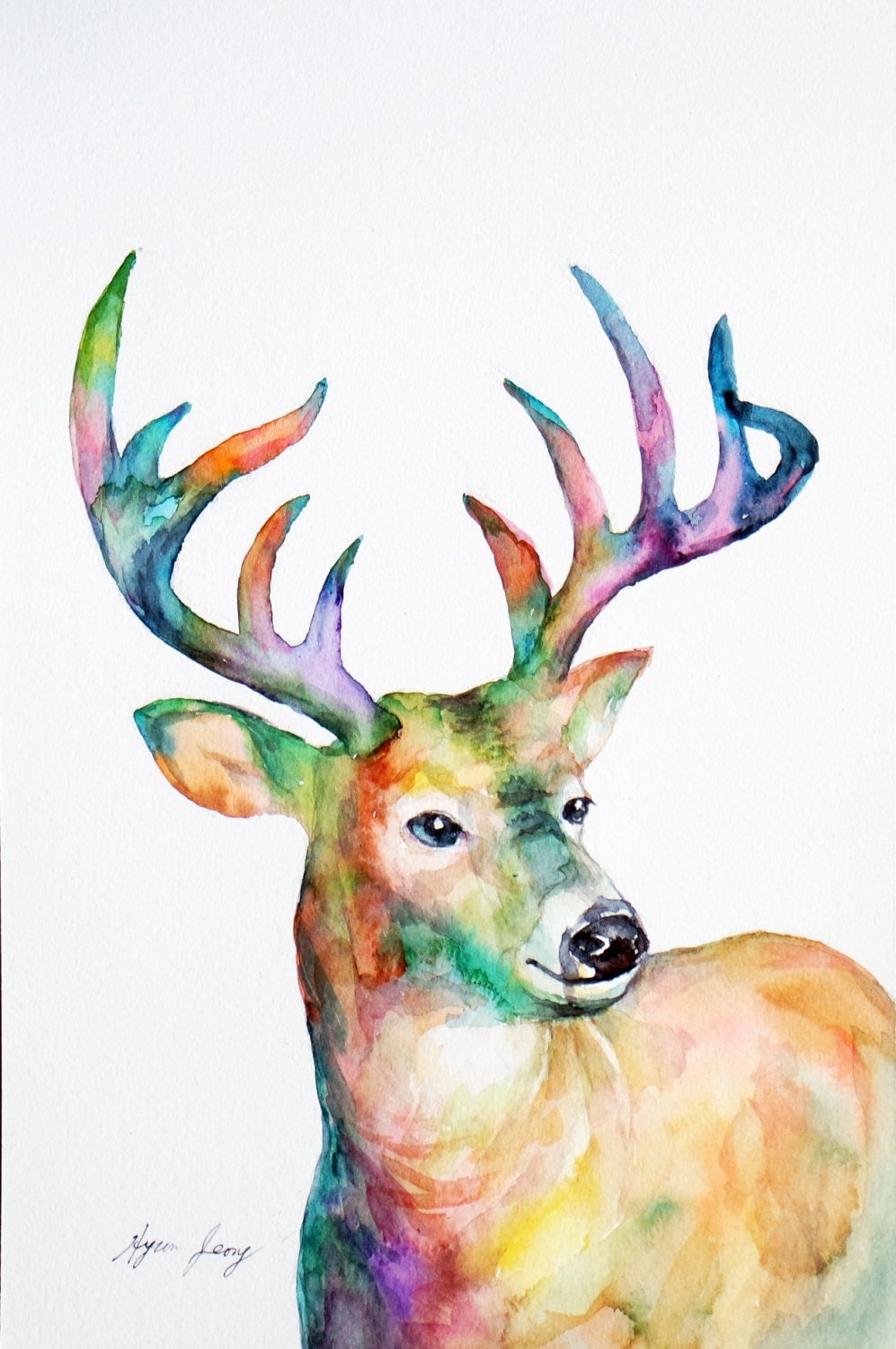 Whitetail Deer Watercolor Painting Original Deer by TinytotAtelier