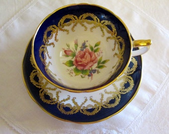 Aynsley Cobalt Blue Pink Rose English Bone China Tea Cup and Saucer Pattern No. 2146