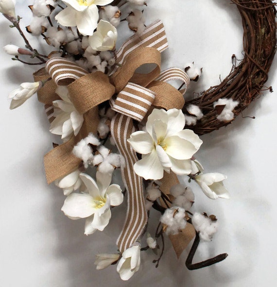 Cotton & Magnolia Wreath Cotton Boll Wreath Natural Cotton