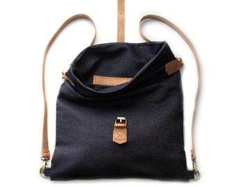 Roby BACKPACK, denim and leather backpack, denim lining, blue.