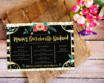 bachelorette weekend invitation, bachelorette itinerary invitation, bachelorette party itinerary timeline, gold bachelorette invitation
