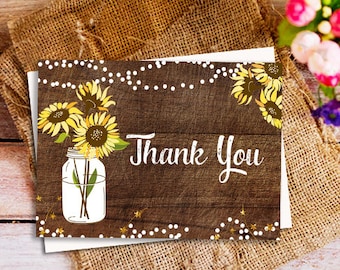 Folded Thank You Card, Rustic Country thank you card, mason jar thank you card, sunflower thank you card, Bridal Shower Thank You Card,
