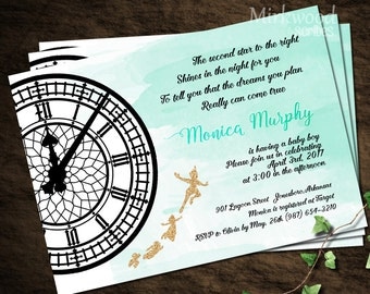 Peter Pan Baby Shower Invitation | Neverland Baby Shower | Watercolor Glitter Tinkerbell and Peter Pan Storybook Shower