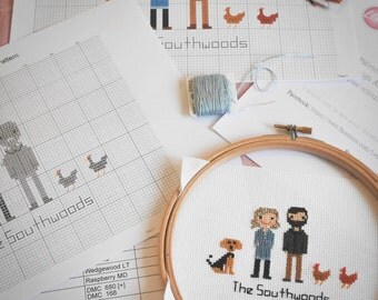 Custom-made Family Cross-stitch Portrait pattern PDF *DIGITAL file* Great for birthday/wedding/christening/new baby/second anniversary gift