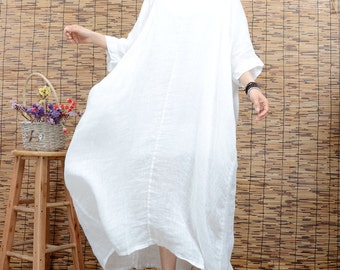 White tunic dress summer dress linen dress large size maxi dress plus size clothing short sleeve long dress beach dress women cotton dress