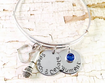 Speech and Debate Bangle Bracelet, Personalized Bracelet, debate team gift, heart microphone charm, Adjustable bangle bracelet, model UN