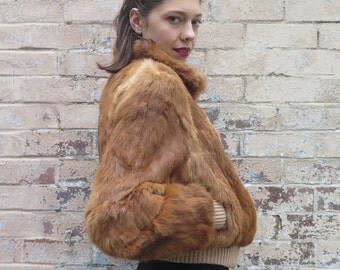 Vintage 70s Style Caramel Rabbit Fur Cropped Bomber Jacket Coat - Size S