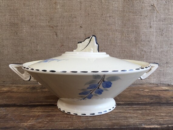 Burleigh Ware Art Deco Cream Black Blue Grey Ceramic Serving Tureen with Handles - Circa 1930's / Ceramic Art Deco Zenith Collectible /