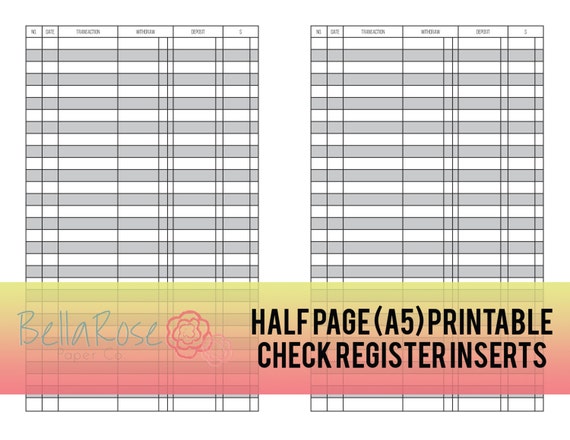 A5 Half Page PRINTABLE Check Register Inserts Budgeting