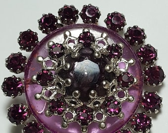 Brooch with Amethyst Colored Glass Cabochon and Crystal Glass Stones/1960's/Vintage jewelry