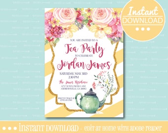Tea Party Birthday Invitation - Yellow - EDITABLE - INSTANT DOWNLOAD - Editable File - Customize - Edit Yourself with Adobe Reader-Printable