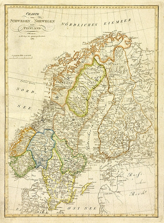 Map Of Sweden Norway and Finland 1820. Vintage restoration