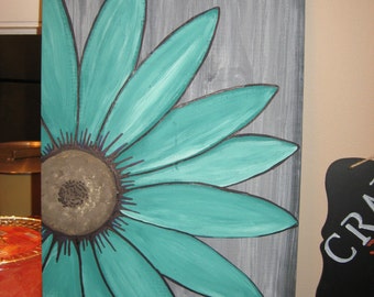 turquoise flower daisy painting rustic flower wood flower wall art