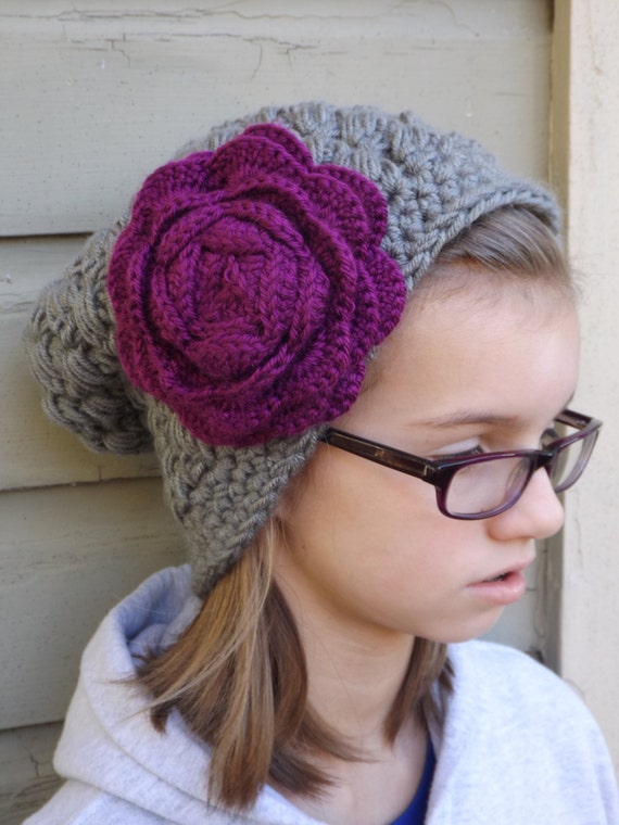 Items similar to Grey puff winter crochet hat with purple flower beanie ...