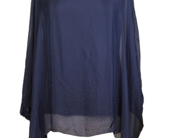 New Italian LAGENLOOK Oversized blue Print Batwing KAFTAN SILK Top tunic